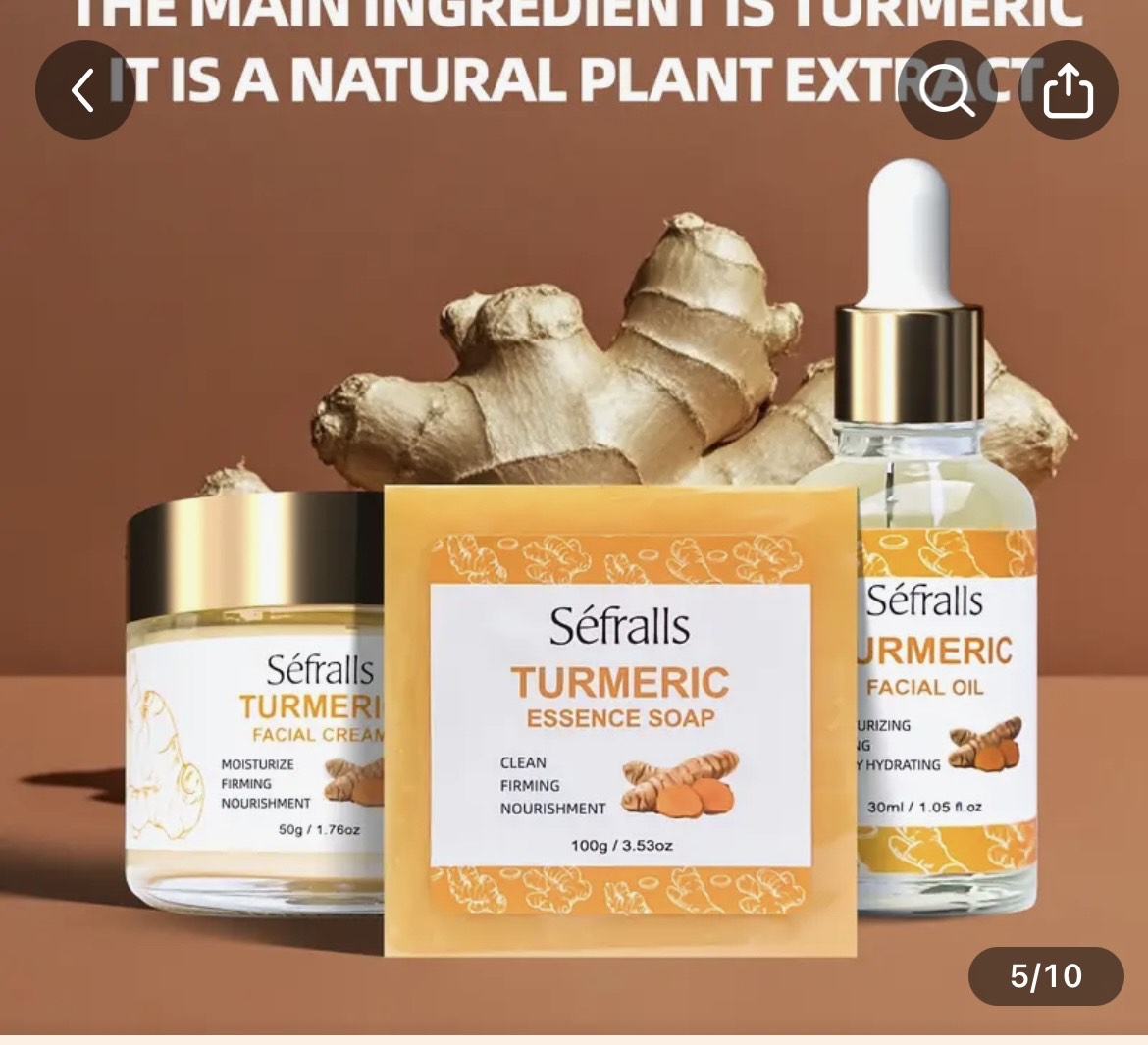 SEFRALLS TUMERIC 3PC/SET. TUMERIC FACIAL CREAM, TUMERIC ESSENCE OIL SOAP, TUMERIC FACIAL OIL.