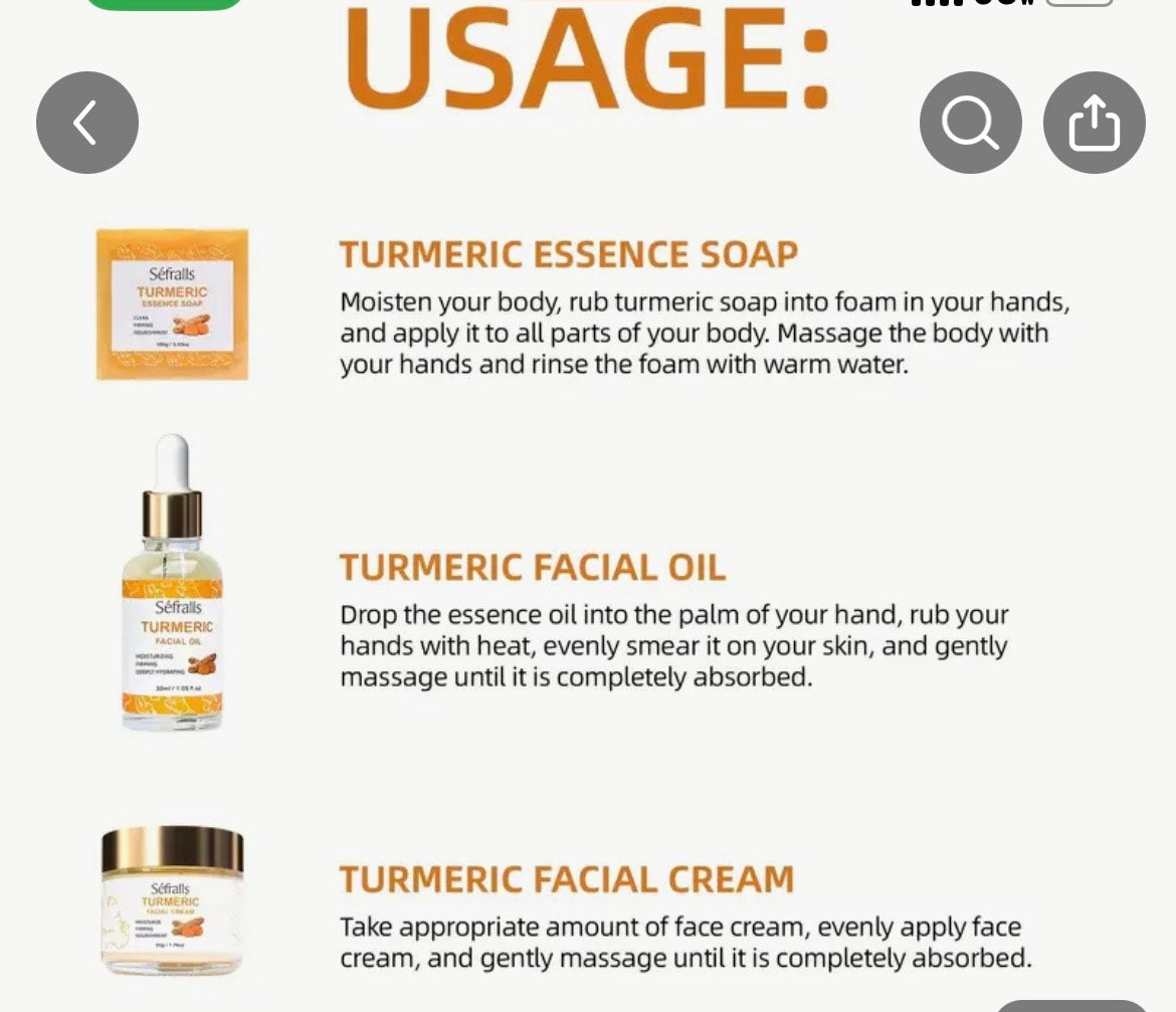 SEFRALLS TUMERIC 3PC/SET. TUMERIC FACIAL CREAM, TUMERIC ESSENCE OIL SOAP, TUMERIC FACIAL OIL.
